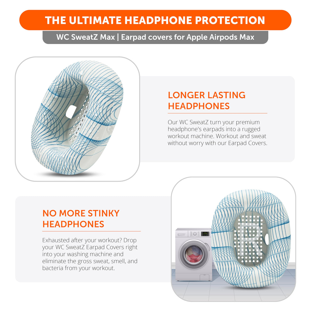 WC SweatZ Max durable stretch material shown on AirPods Max