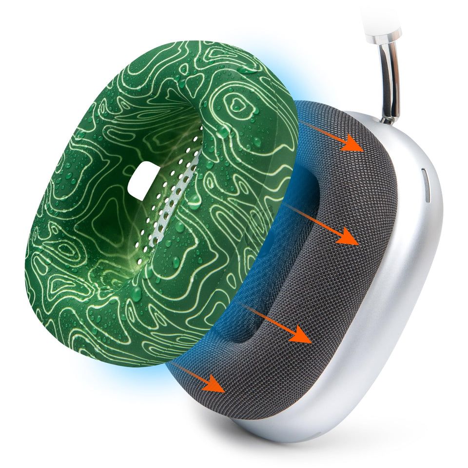 WC SweatZ Max Emerald Tide cover on AirPods Max earpads shows sweat protection during workouts