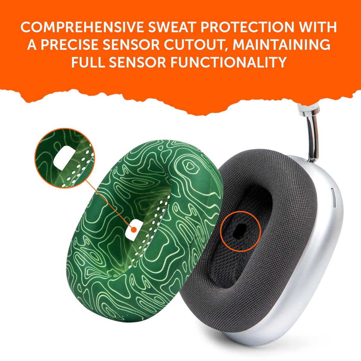 Stretchy WC SweatZ Max Emerald Tide sleeve adapting to AirPods Max cushions