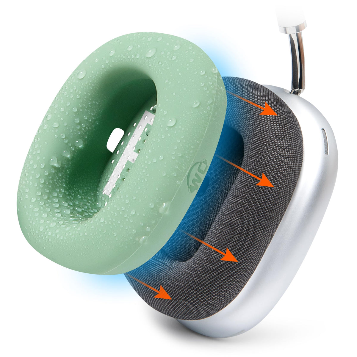 WC SweatZ Max silicone cover fitted on AirPods Max 1 earpads protects against sweat during workouts.