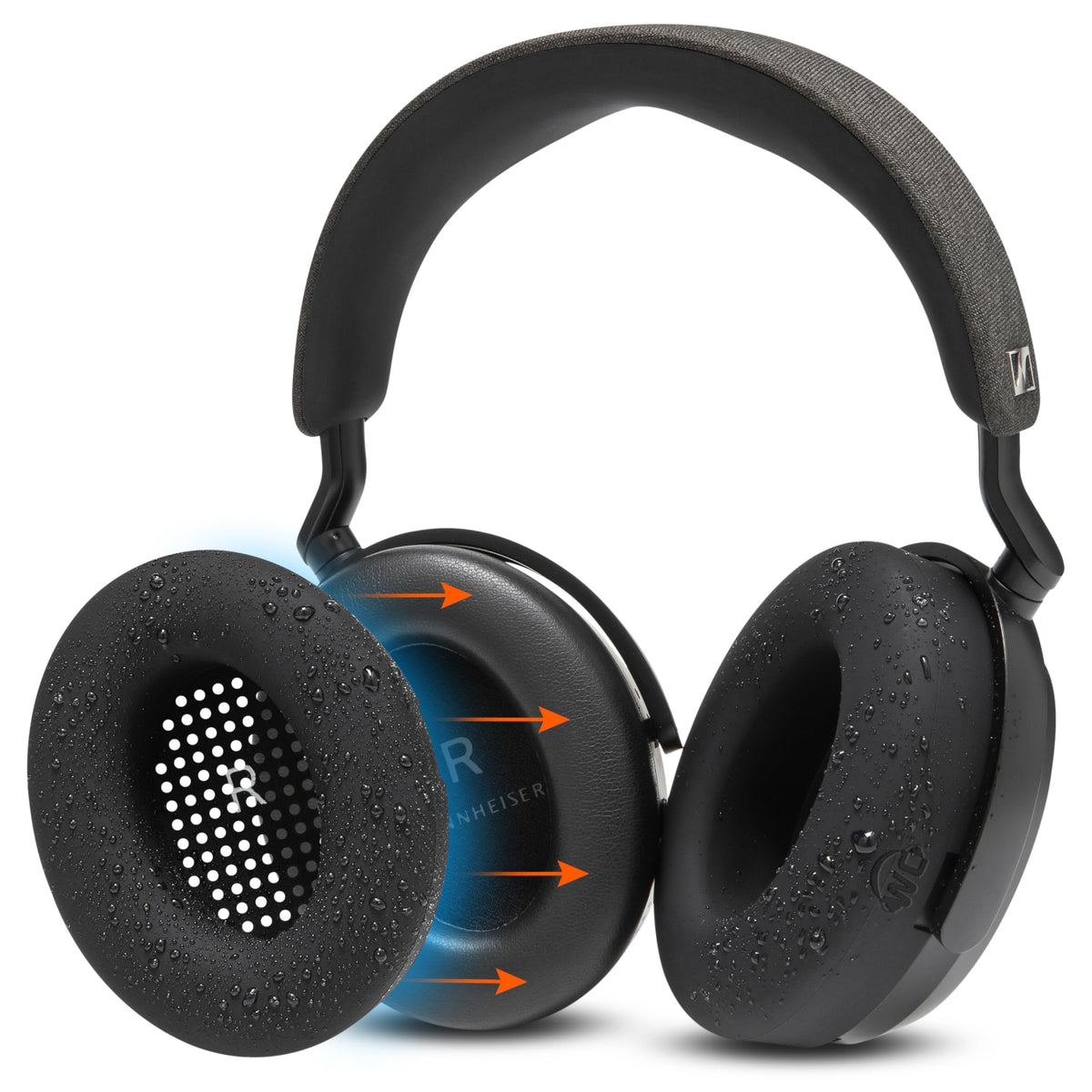 WC SweatZ Momentum 4 earpad cover on Sennheiser Momentum 4 Wireless protects earpads from sweat.