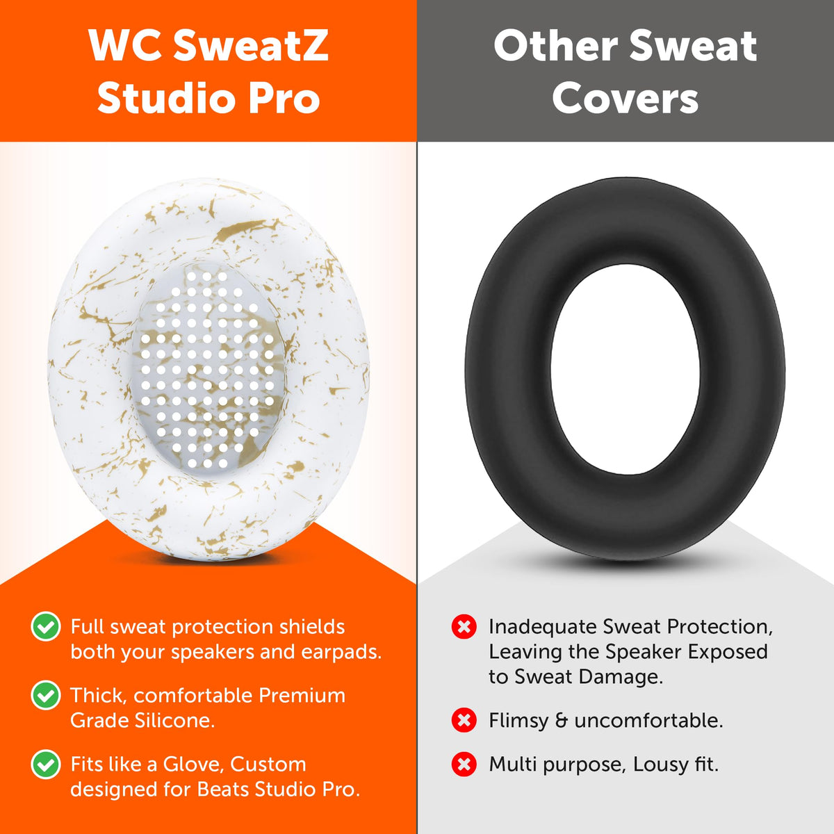 WC SweatZ mounted on Beats Studio Pro demonstrating snug fit and maintained comfort