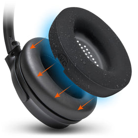 Close-up of WC SweatZ earpad cover on Bose headphones with secure fit.