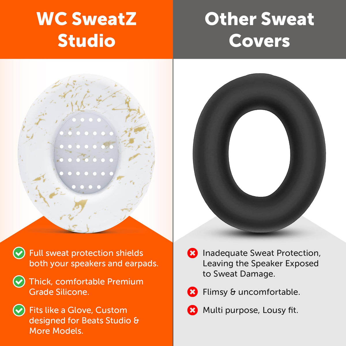 WC SweatZ Studio gold marble earpads-on-beats-studio3 show secure slip-on fit