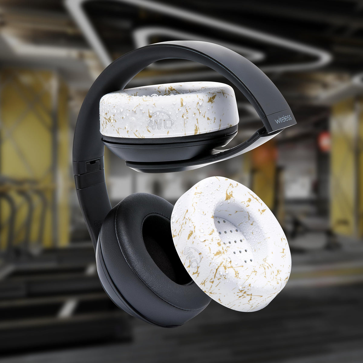 WC SweatZ Studio gold marble silicone-covers-on-earpads demonstrate easy snap-on protection