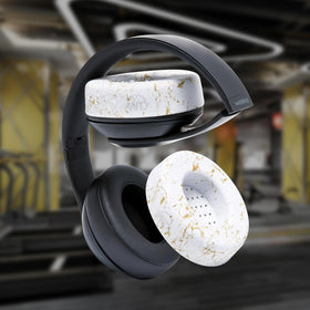 WC SweatZ Studio gold marble silicone-covers-on-earpads demonstrate easy snap-on protection