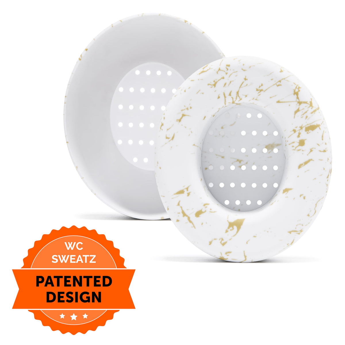 WC SweatZ Studio gold marble sweat-protection emphasizes moisture defense during workouts