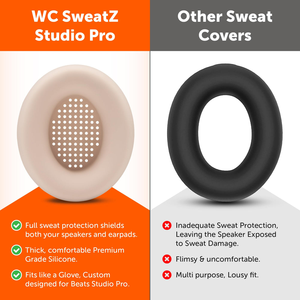 WC SweatZ Studio Pro worn on Beats Studio Pro showing quick slide-on fit.