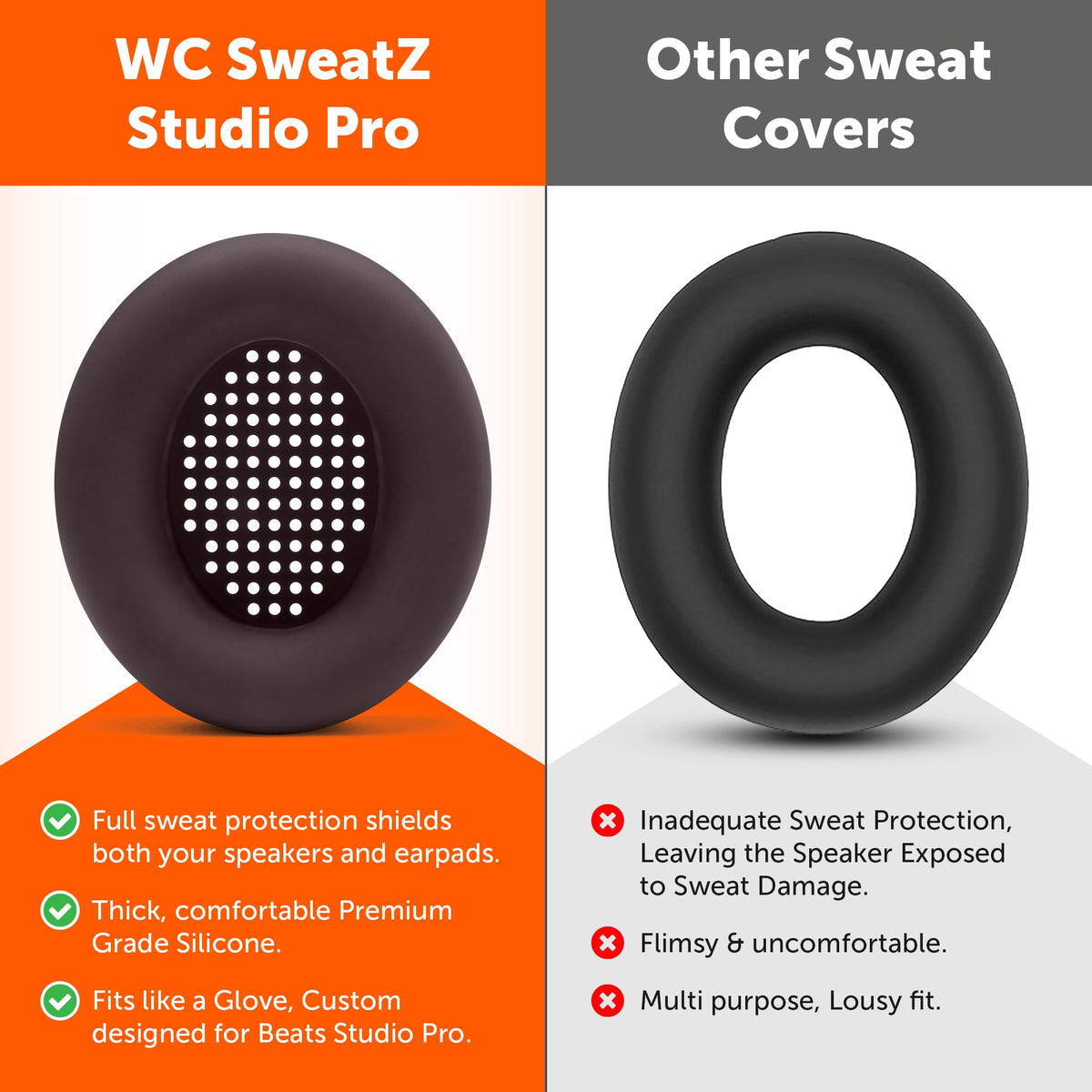 WC SweatZ worn on headphones demonstrates quick on/off installation