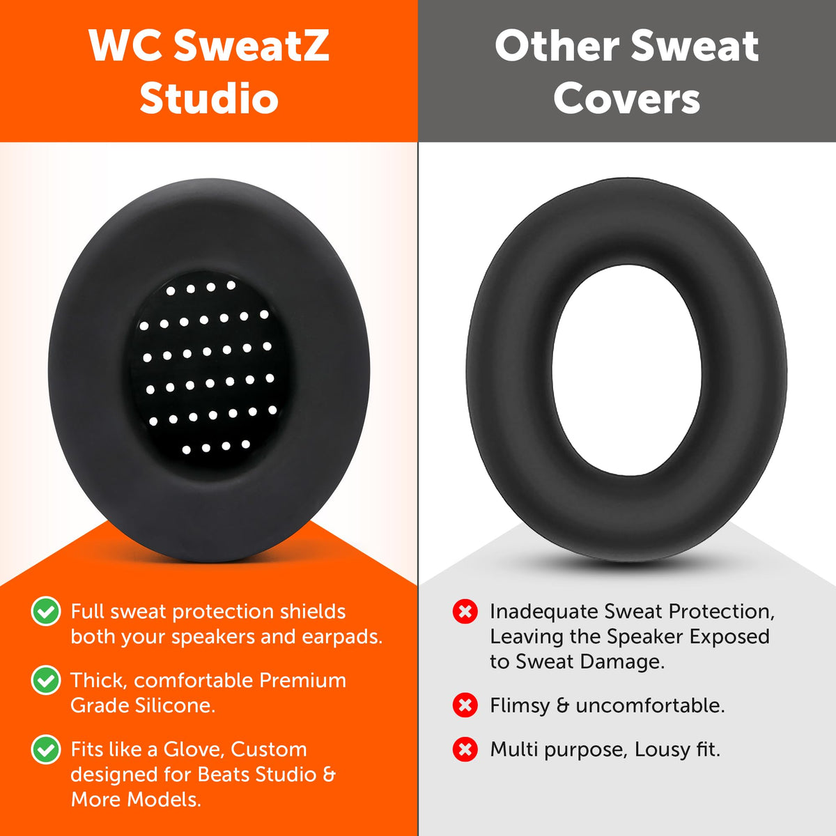 WC SweatZ Studio silicone protection on earpads reduces sweat buildup and wear.