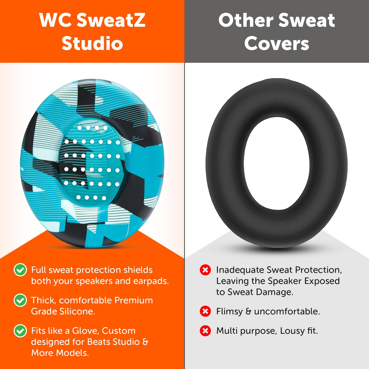WC SweatZ Studio sweat-proof silicone shown for moisture resistance during workouts.