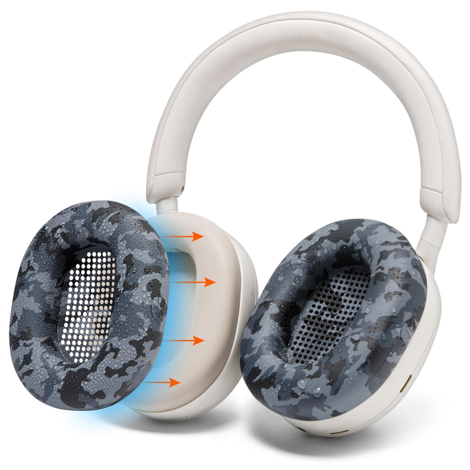 WC SweatZ XM5 front view showing black camo and full earpad protection benefit