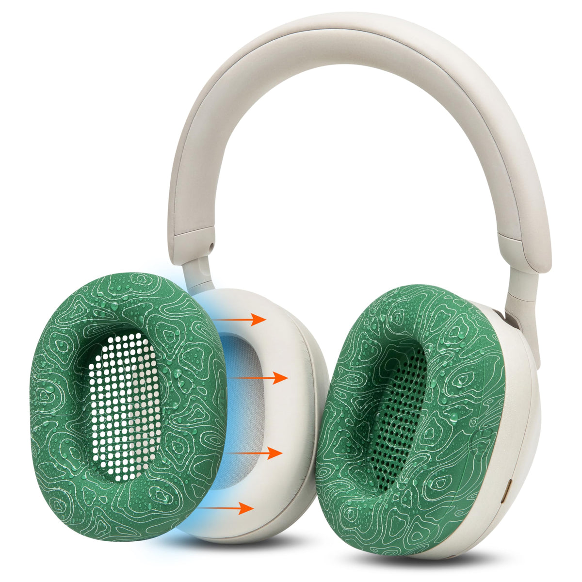 WC SweatZ XM5 front view showing emerald-tide cover protecting earcups