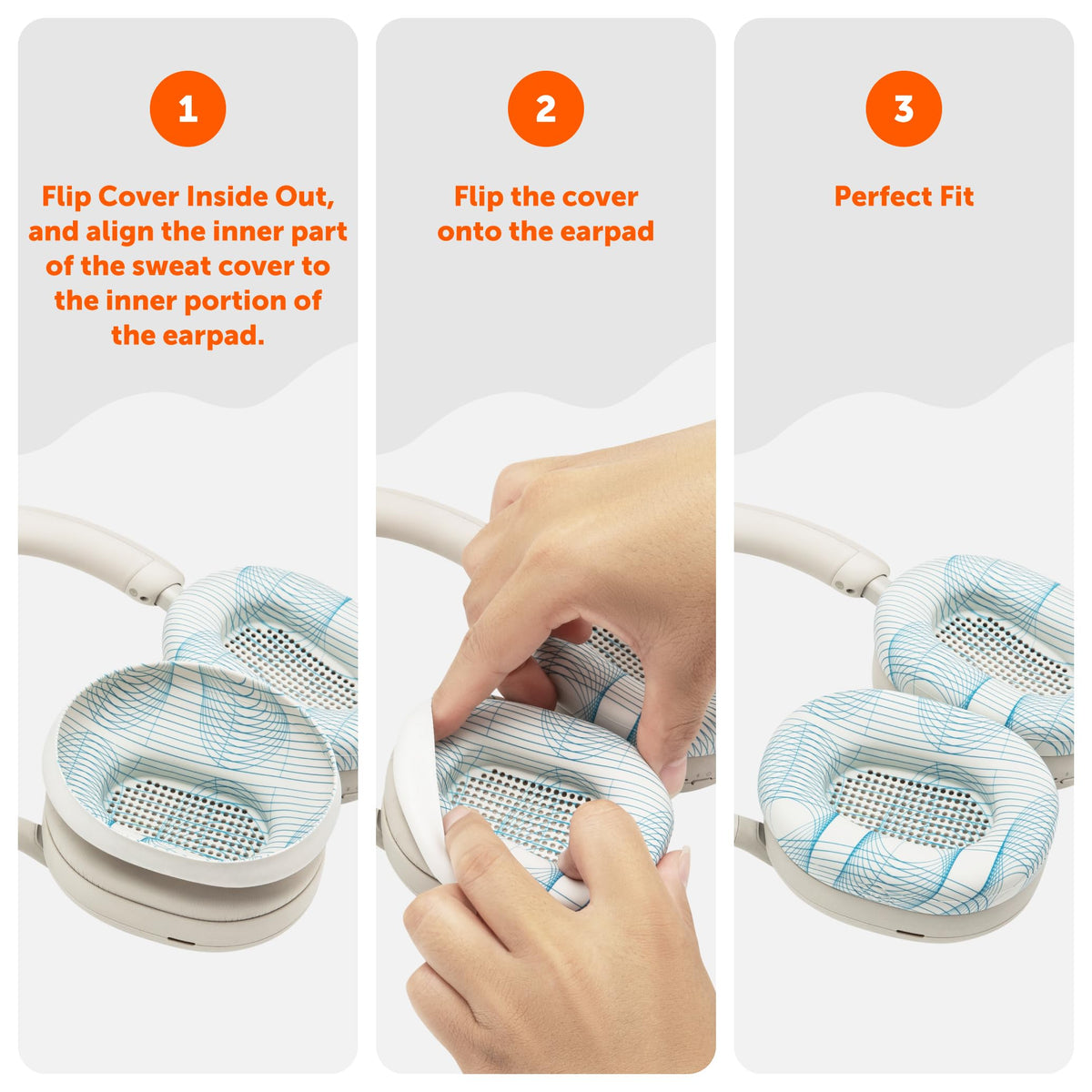 WC SweatZ XM5 being slipped onto earpads demonstrating easy installation