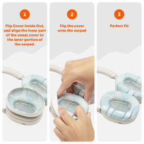 WC SweatZ XM5 being slipped onto earpads demonstrating easy installation
