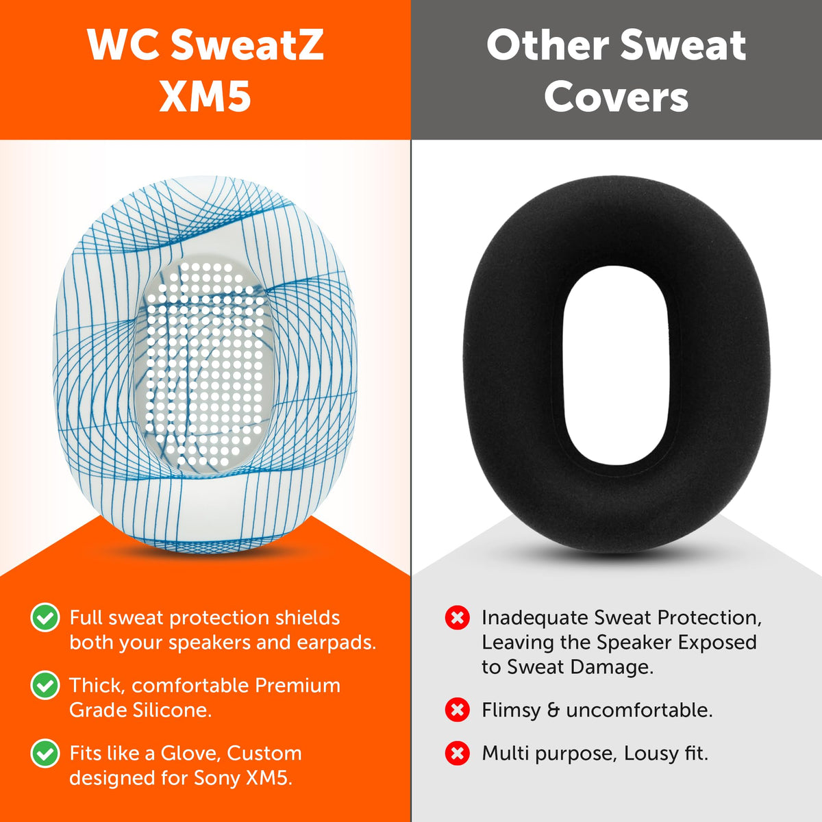 WC SweatZ XM5 fitted on Sony WH1000XM5 showing retained comfort and seal