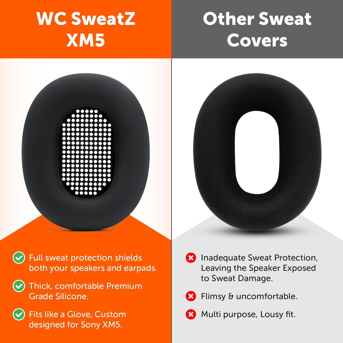 Sweatproof design of WC SweatZ XM5 guards earpads during workouts.