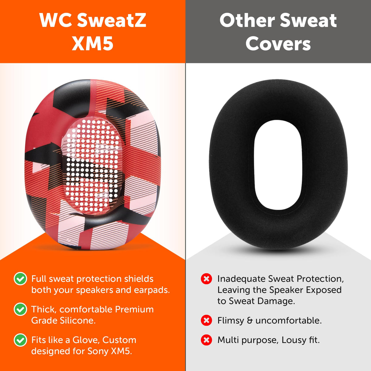 WC SweatZ XM5 washable silicone earpads keep headphones clean between sessions.