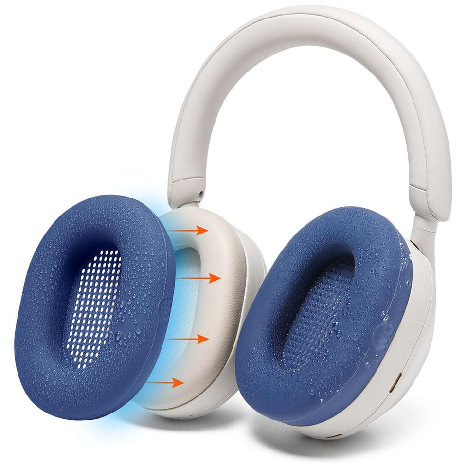 WC SweatZ XM5 blue full-coverage earpad cover on Sony WH-1000XM5 protecting the entire pad