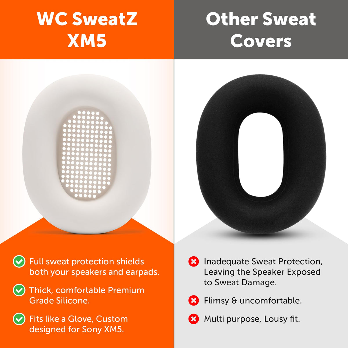 WC SweatZ XM5 inner-driver protection guards earpad internals during workouts.