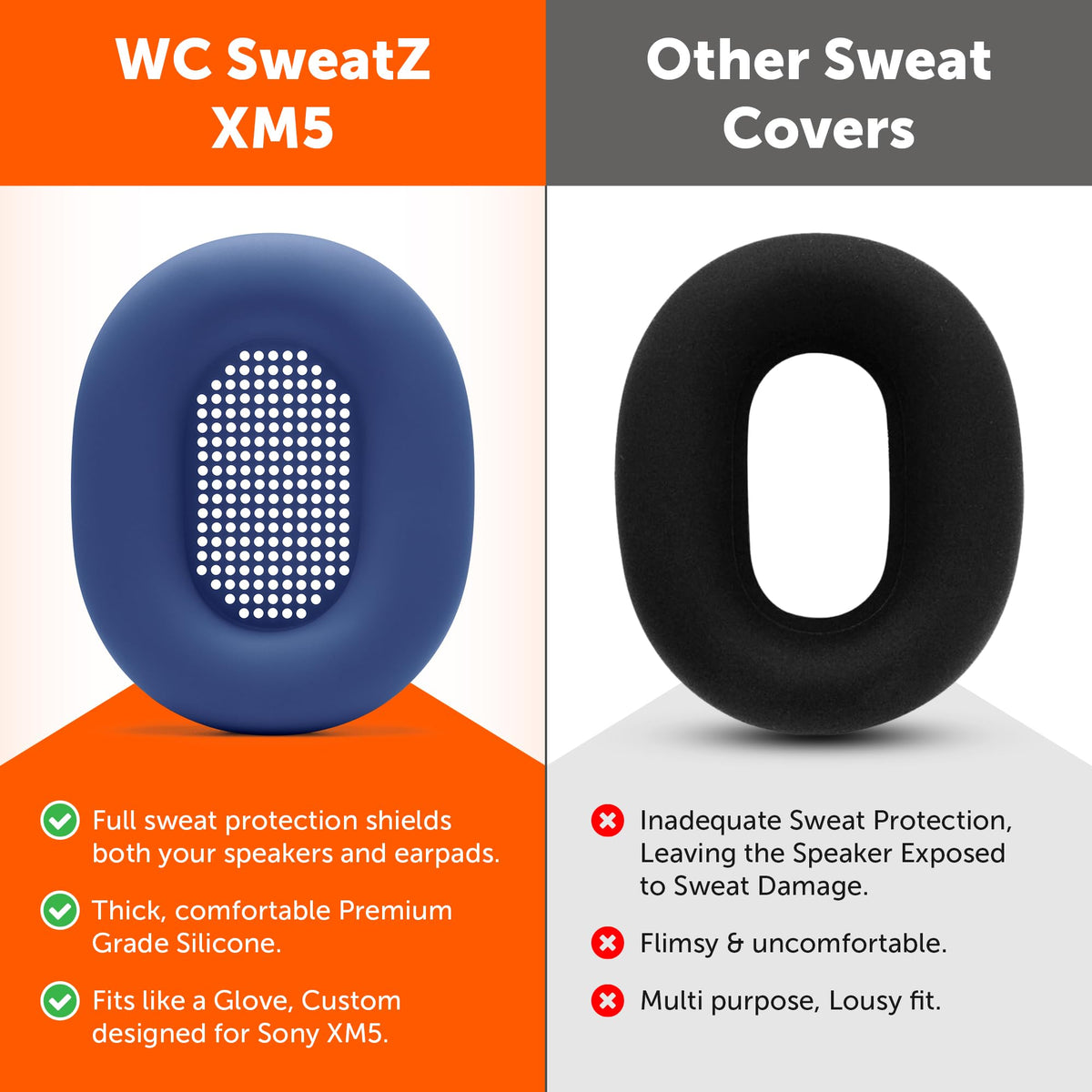 WC SweatZ XM5 slip-on cap being placed over the earpad for quick protection