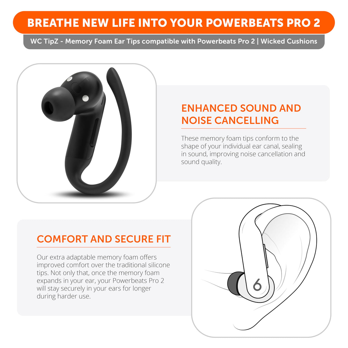 WC TipZ Powerbeats Pro 2 memory foam enhances noise isolation for focused listening.