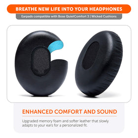 WC Wicked Cushions Bose QC3 ear pads leather outer for premium feel and durability.