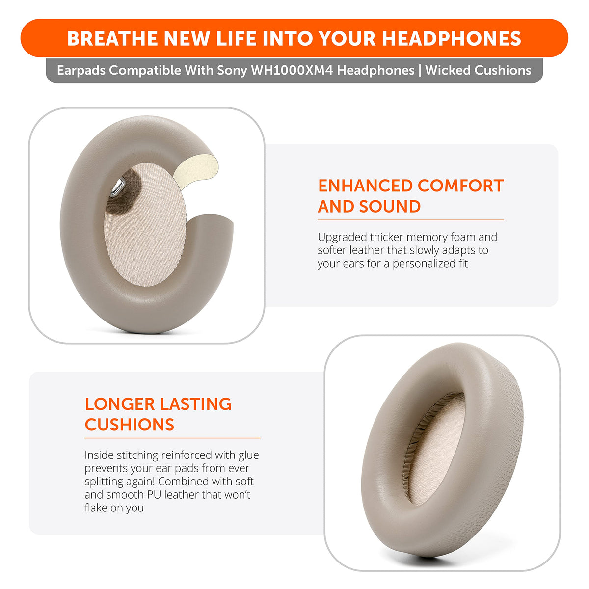 WC Wicked Cushions durable stitching close-up on XM4 earpads
