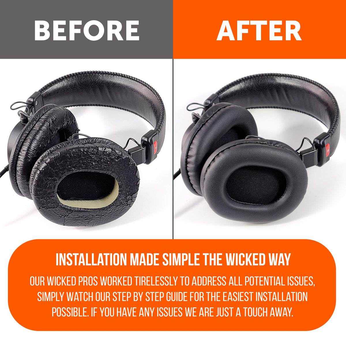 WC Wicked Cushions easy-installation guide demonstrates tool-free replacement for Sony MDR7506 users