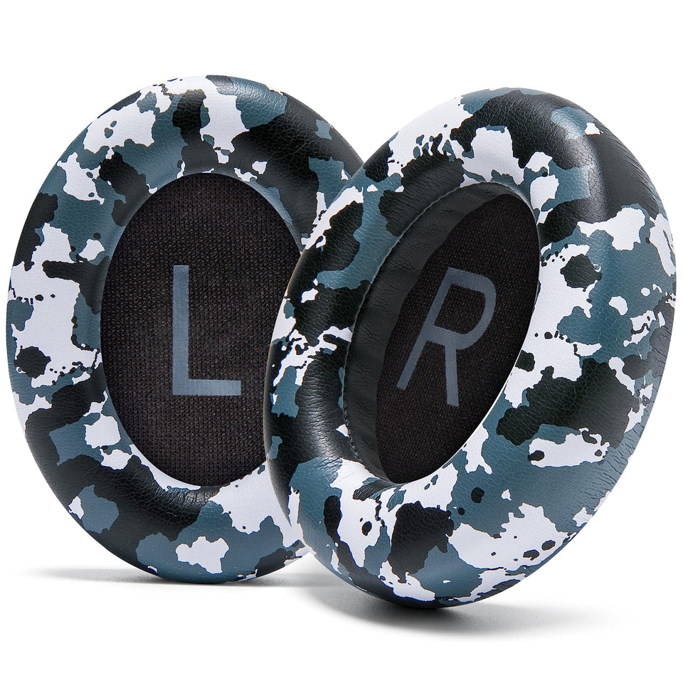 WC front packaging showing snow camo ear pads and fit guide for easy replacement