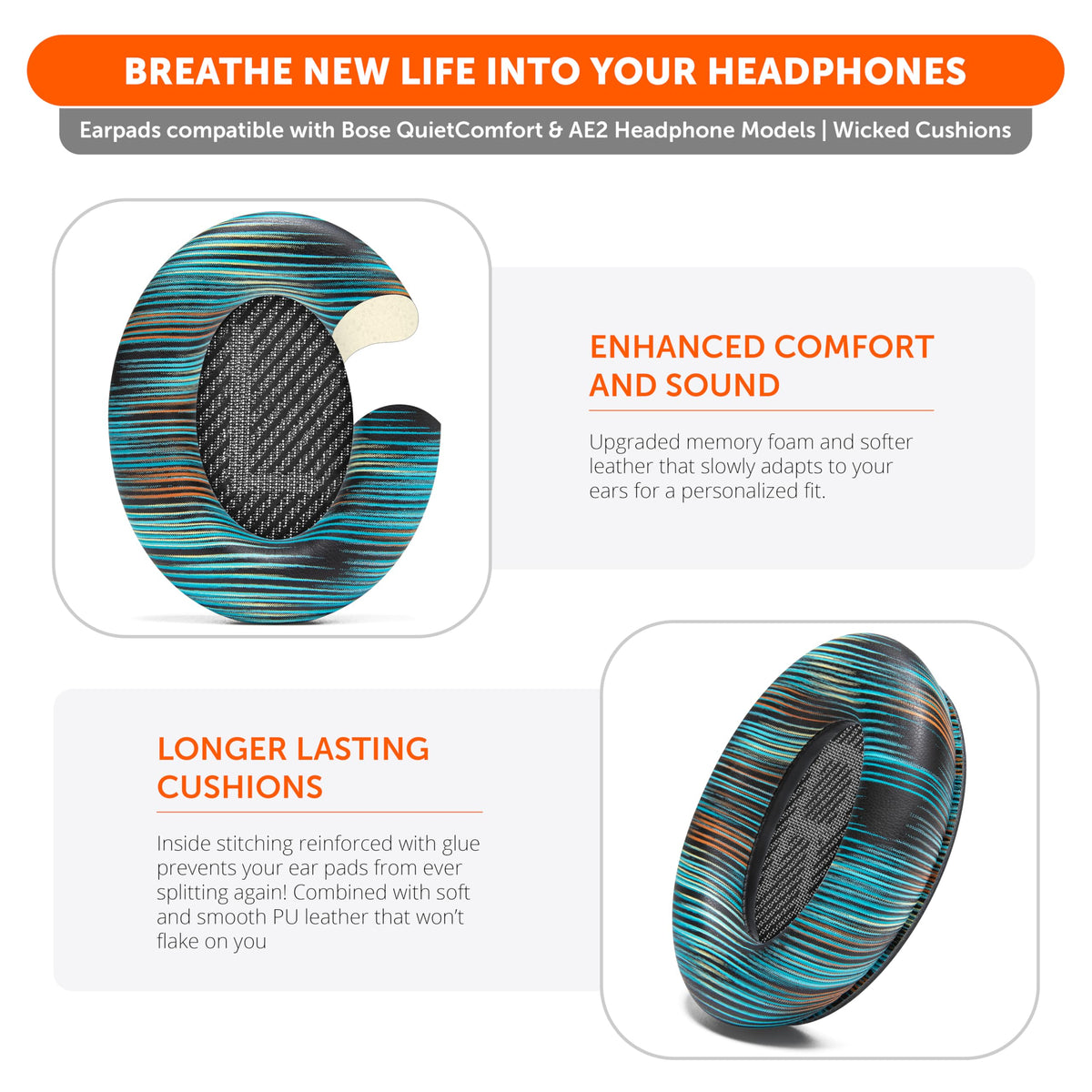 WC Wicked Cushions installed on Bose QC35 demonstrating improved seal and restored headphone comfort