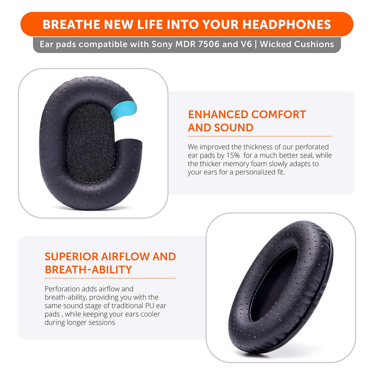 WC Wicked Cushions MDR-V6 earpad providing versatile compatibility.