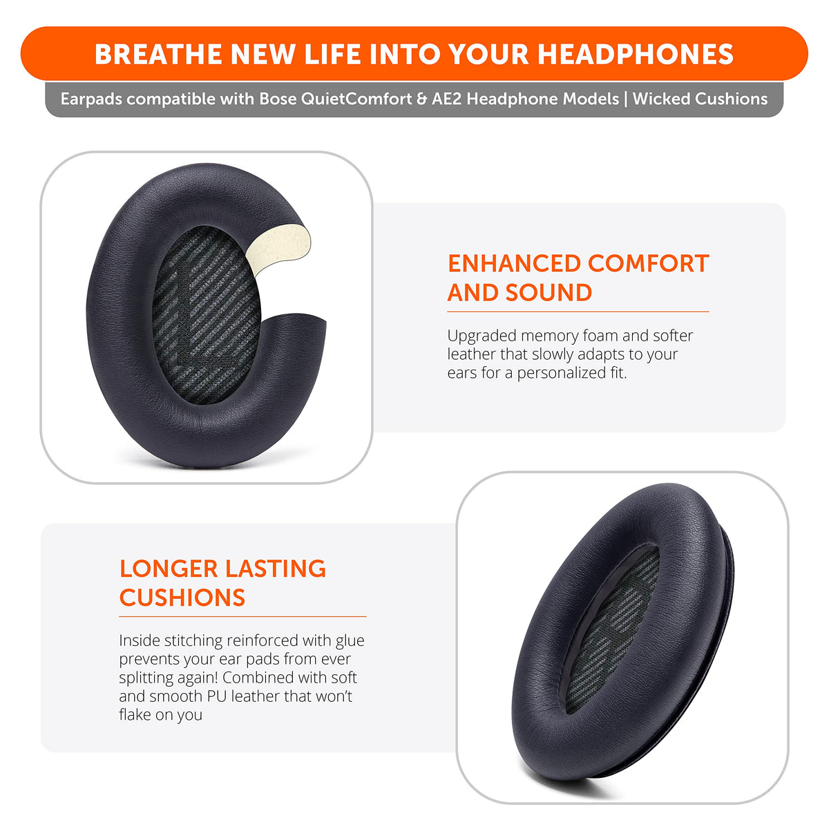 WC Wicked Cushions Bose QC35 ear pads stitching detail emphasizes reinforced durability.