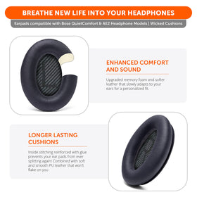 WC Wicked Cushions Bose QC35 ear pads stitching detail emphasizes reinforced durability.