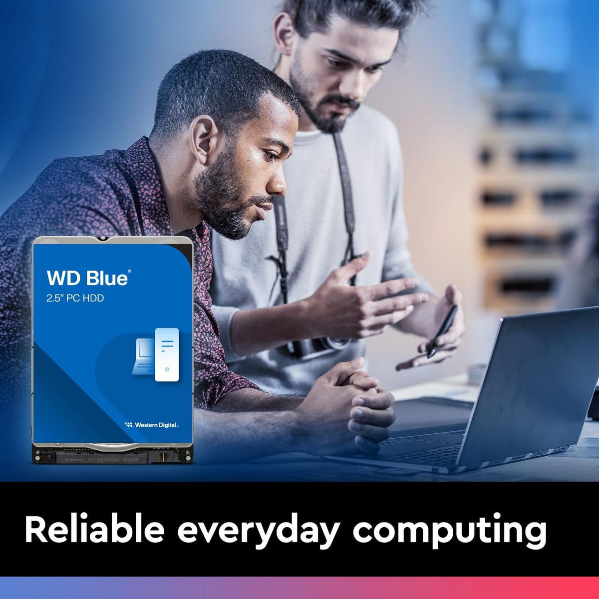 WD Blue 1TB mobile hard drive renewal label communicates refurbished reliability.
