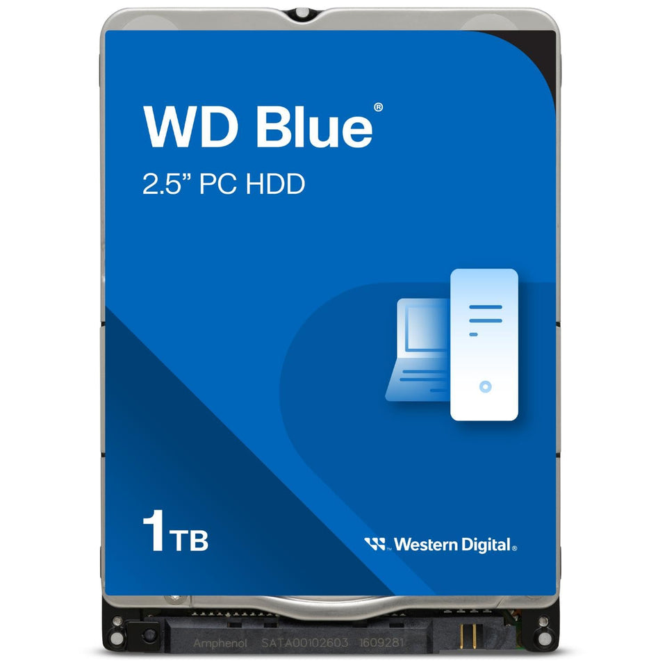 WD Blue 1TB mobile hard drive side view shows compact 2.5-inch form factor for notebooks.