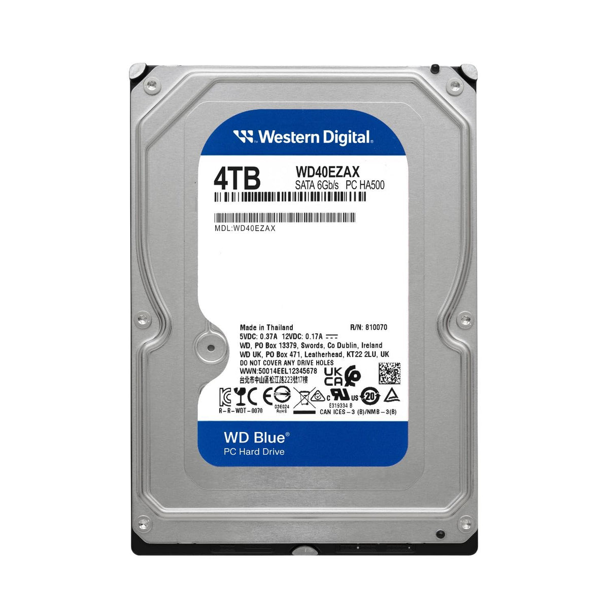 WD Blue 4TB renewed HDD side profile, sturdy metal enclosure for desktop builds.