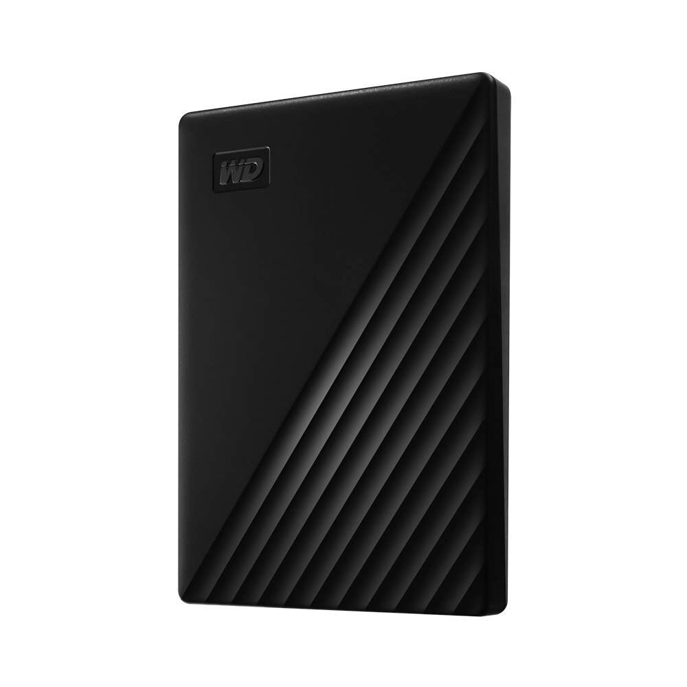 WD My Passport 2TB external black drive viewed from side for compact design