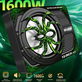 WDiYA 10-inch ultra-thin under-seat subwoofer with LED ambient lights enhances cabin mood.