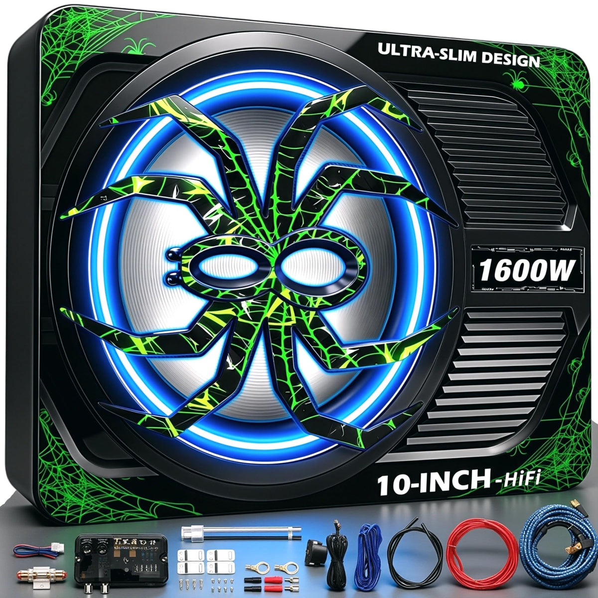 WDiYA upgraded 1600W car subwoofer under-seat with built-in amplifier for deep bass performance.