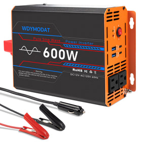 WDYMODAT 600W inverter front view, compact and vehicle-ready.