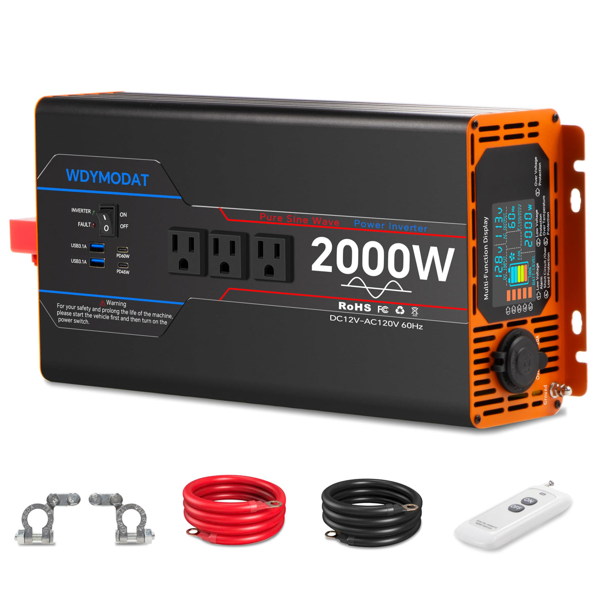 WDYMODAT 2000W inverter with pure sine wave for stable on-the-go power.
