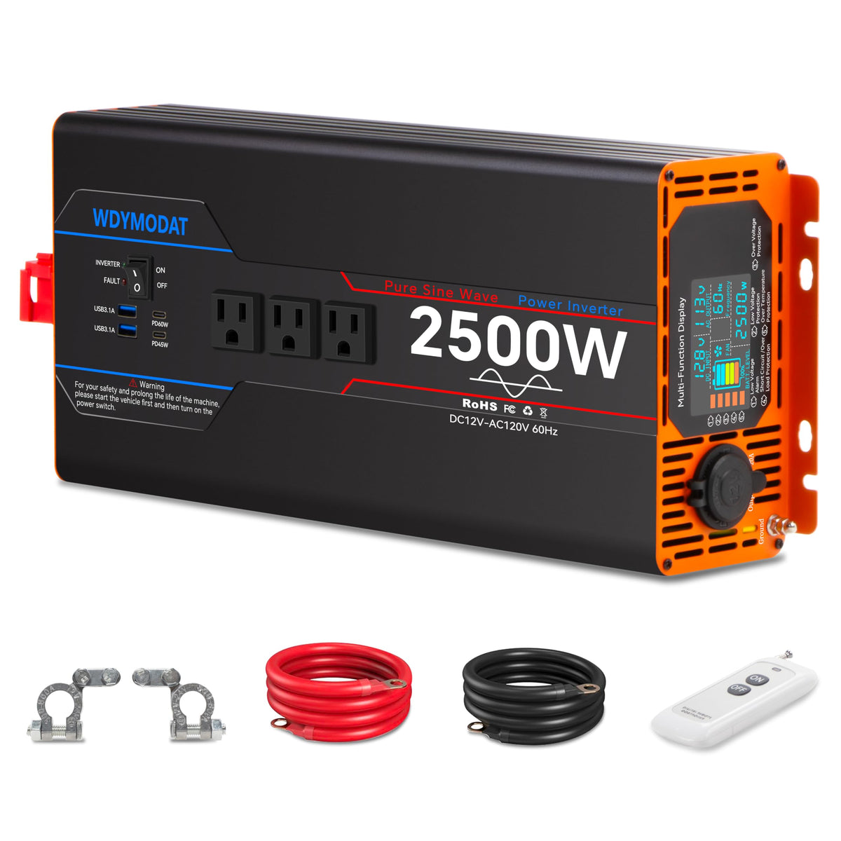 WDYMODAT 2500W inverter front view powering on-the-go devices with pure sine output.