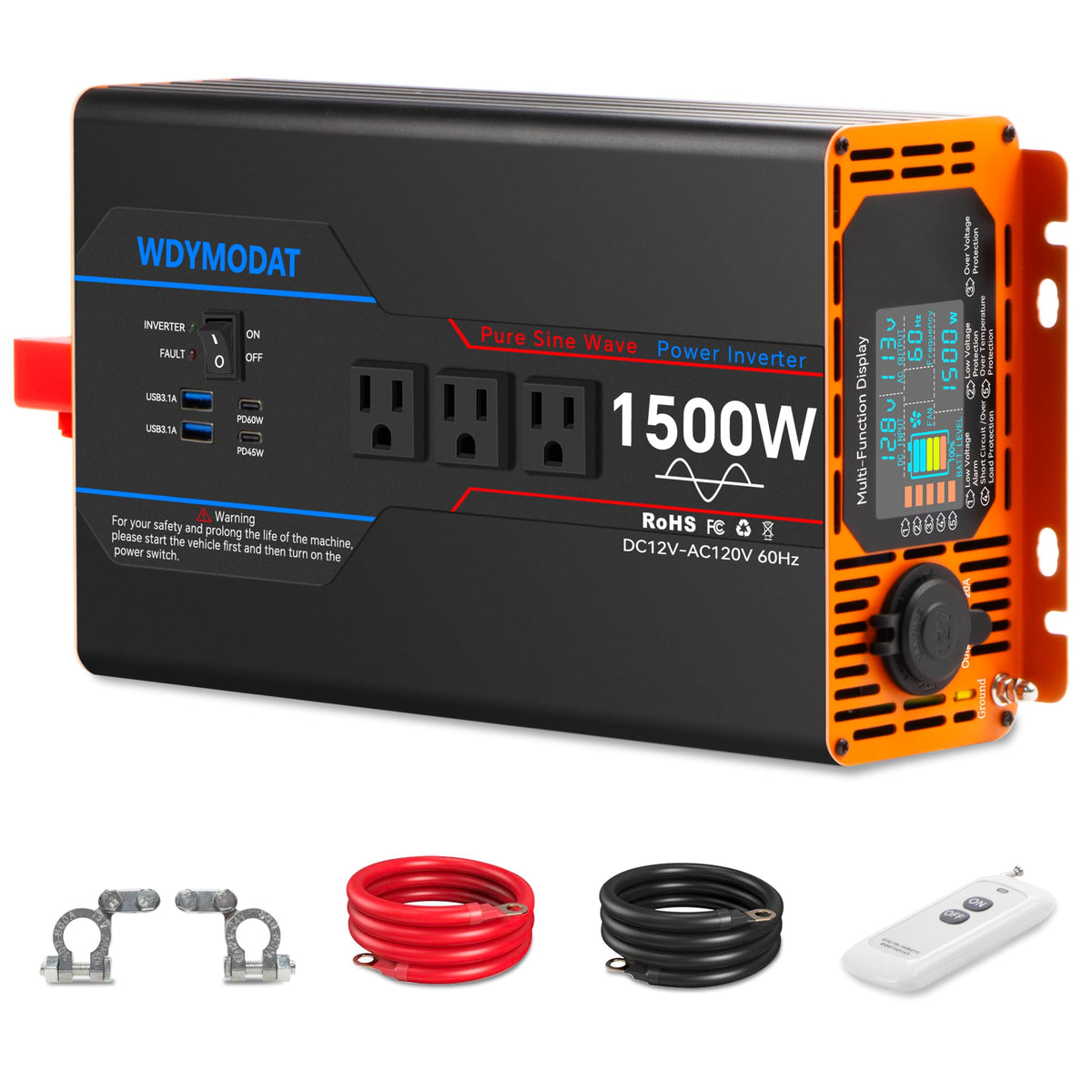 WDYMODAT pure sine inverter front view for reliable vehicle power on the go