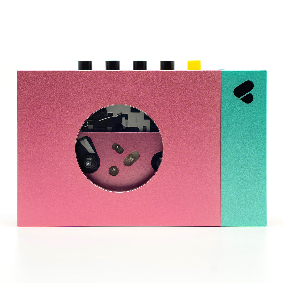 We Are Rewind Edith front view in pink and green for portable cassette listening