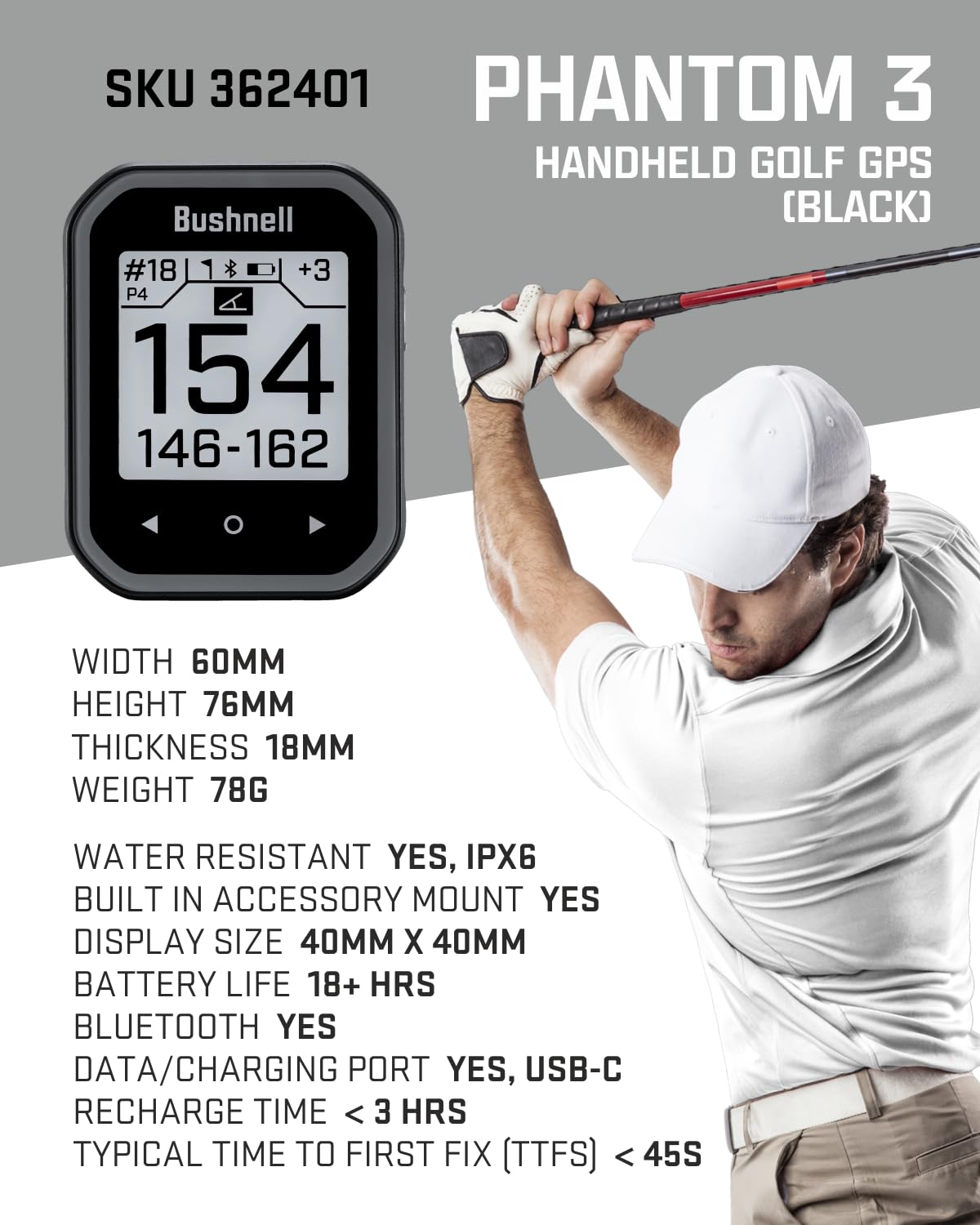 Wearable4U Bushnell Phantom 3 GPS with BITE magnet stays secure on cart or belt.