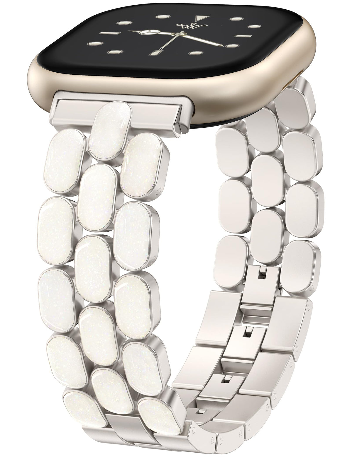 Wearlizer resin metal band on the wrist, showing a sleek Versa 4 dressy look