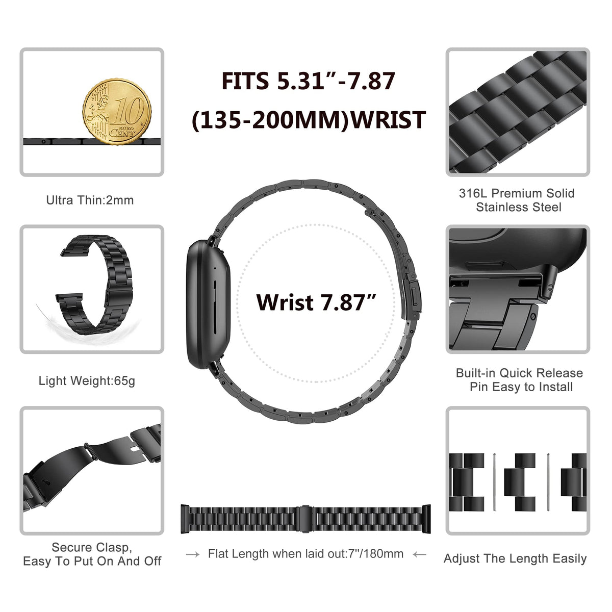Wearlizer stainless-steel strap on Versa4 Sense2 shows durable metal design for daily wear.