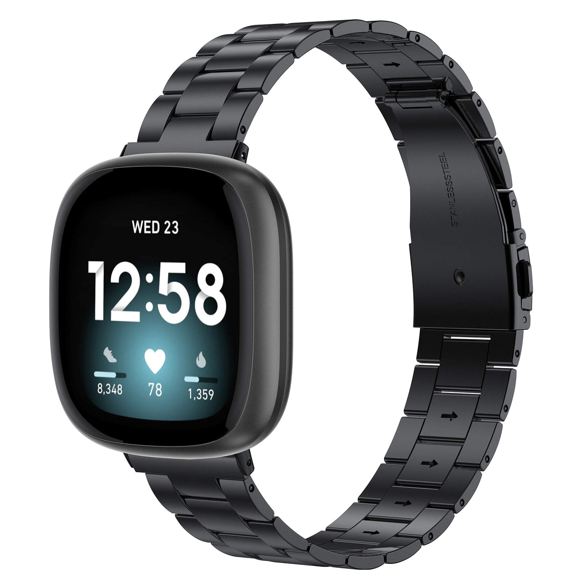 Wearlizer Versa4 black band close-up highlighting premium stainless steel finish.