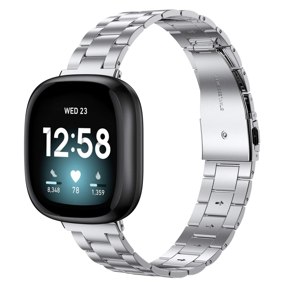 Wearlizer Versa 4 metal band in silver with a durable stainless steel finish.